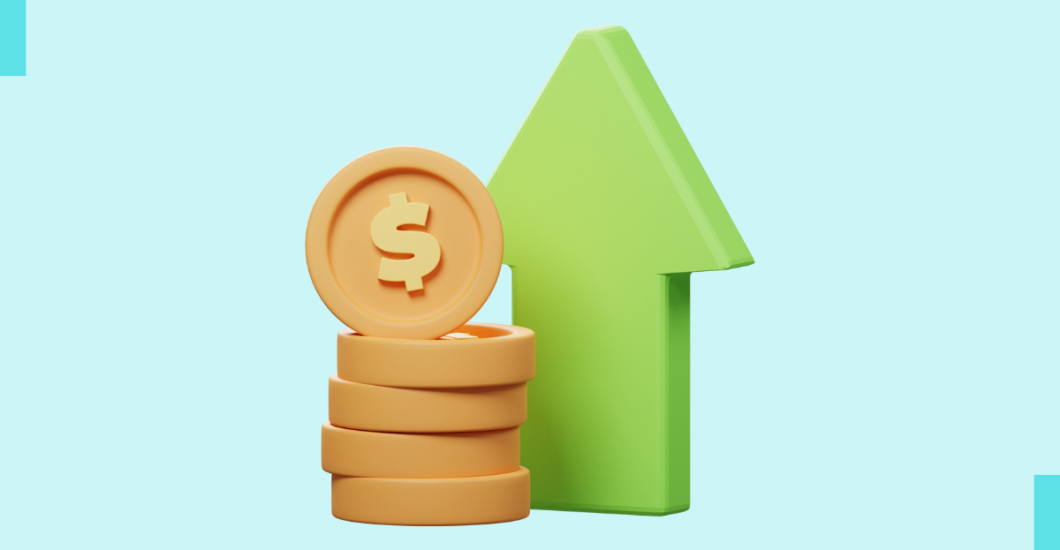 stack of coins next to a green arrow pointing up