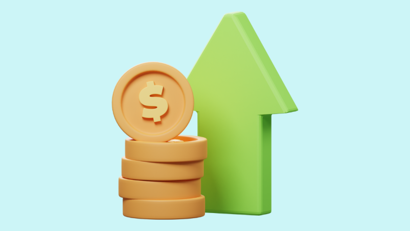 stack of coins next to a green arrow pointing up