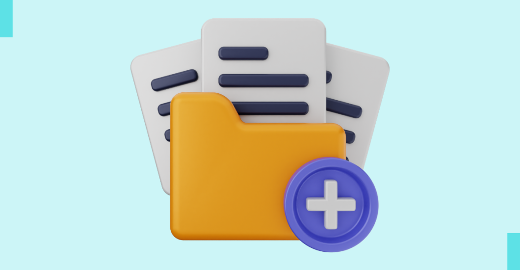 A simple stylized graphic depicting adding files to a digital product.