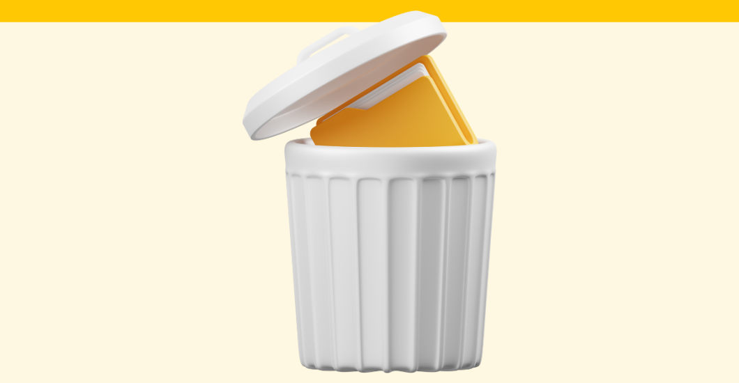 A simple stylized graphic of a file in a trash can.