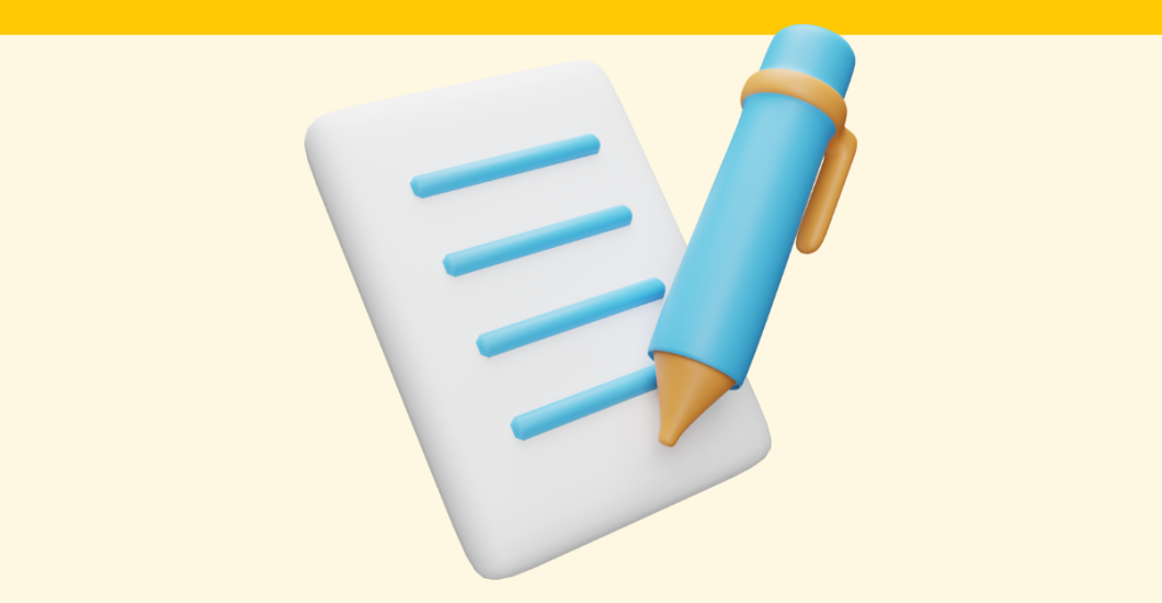 A simple stylized graphic of a pen and writing pad.