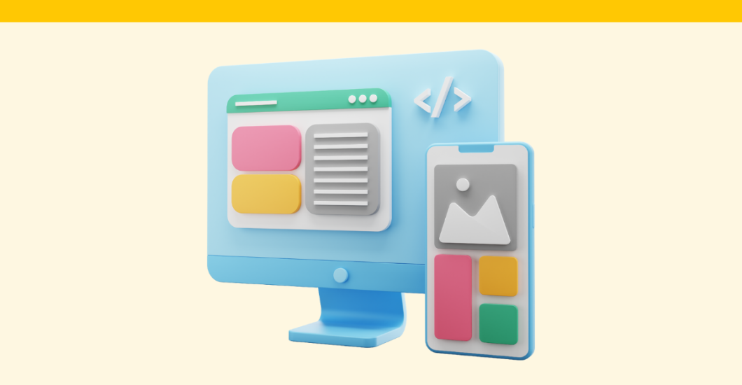 A simple stylized graphic of a computer monitor and phone. Both screens are displaying page editing software.