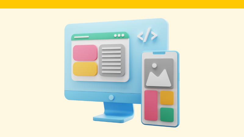 A simple stylized graphic of a computer monitor and phone. Both screens are displaying page editing software.