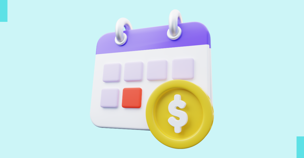 A simple stylized graphic of a calendar with a dollar coin.