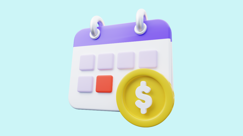 A simple stylized graphic of a calendar with a dollar coin.