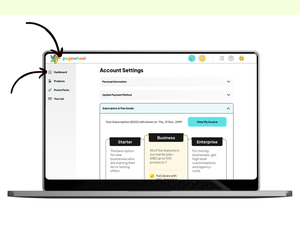 A screenshot showing how to return to the dashboard.
