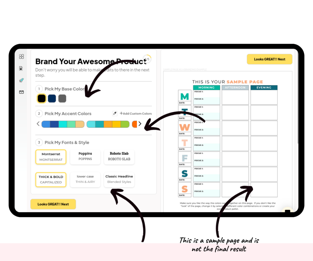 A screenshot showing how to apply colors and font styles to a digital product.