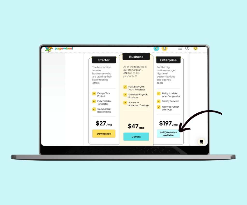 A screenshot showing where to click to upgrade a Pagewheel subscription.
