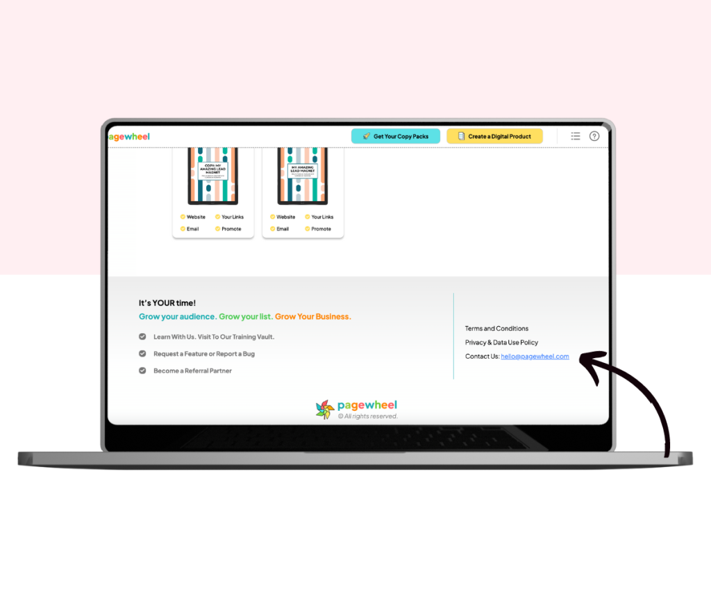 A screenshot showing how to contact Pagewheel by email.