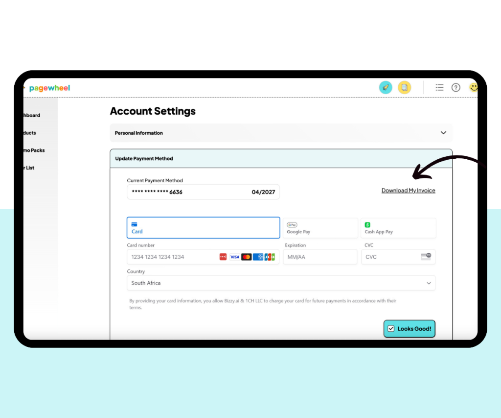 A screenshot showing where to click to download an invoice.