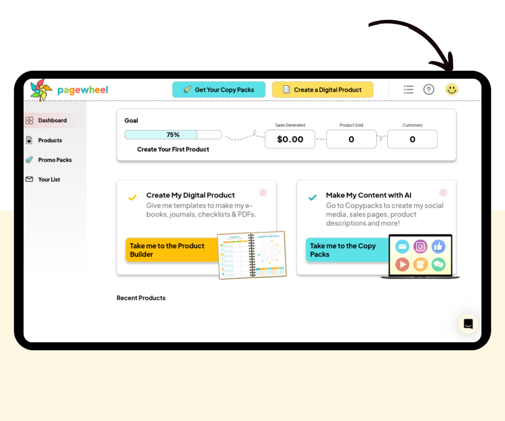 A screenshot showing how to access account settings in Pagewheel.