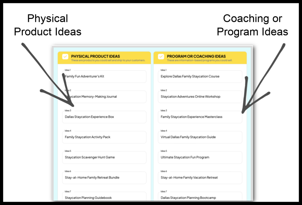 Pagewheel Product Ideas generated by AI with text: physical product ideas and coaching or program ideas