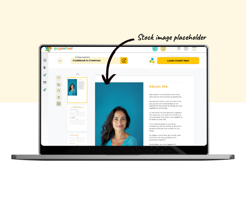 An annotated screenshot of an “About Me” page layout with stock image placeholder.