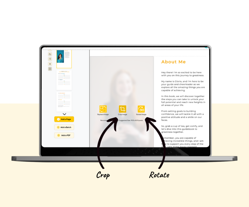 An annotated screenshot showing how to crop or rotate an image.