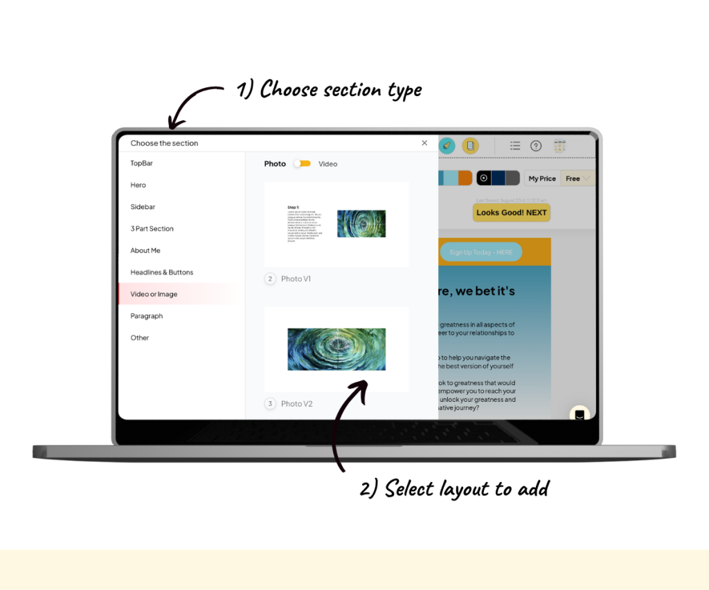 An annotated screenshot showing how to add a new section to a website page.