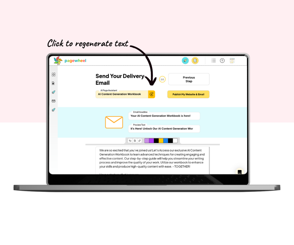 An annotated screenshot showing how to use the AI assistant to regenerate the text.