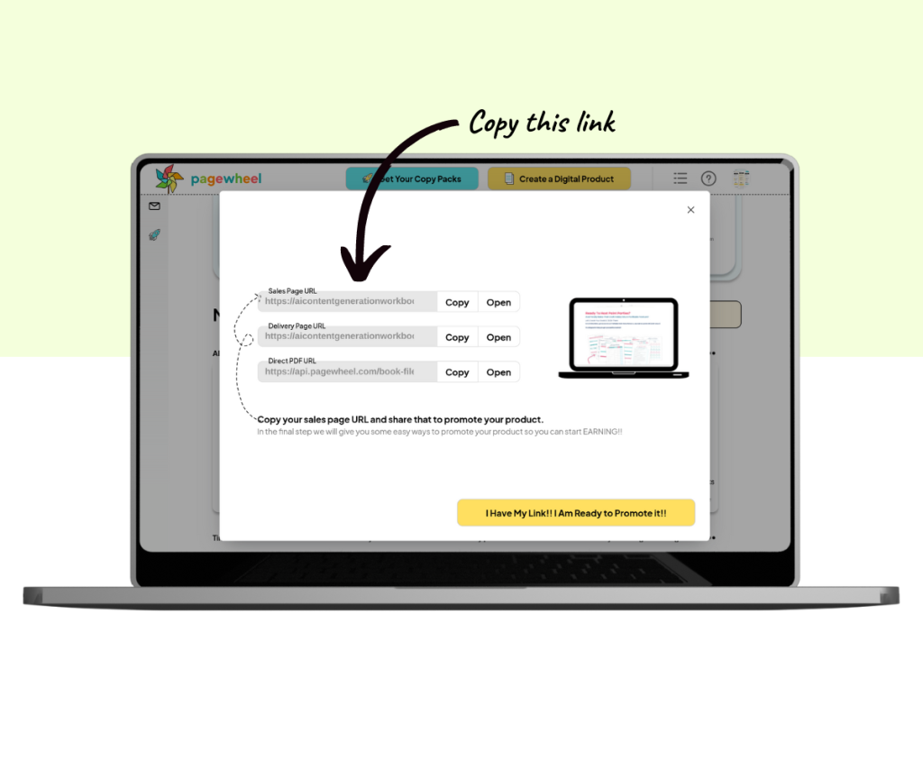 An annotated screenshot showing where to find the link for sharing the digital product.