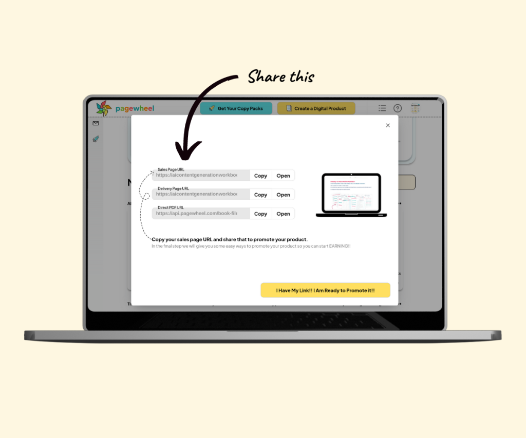 An annotated screenshot showing where to get the link for sharing the product.