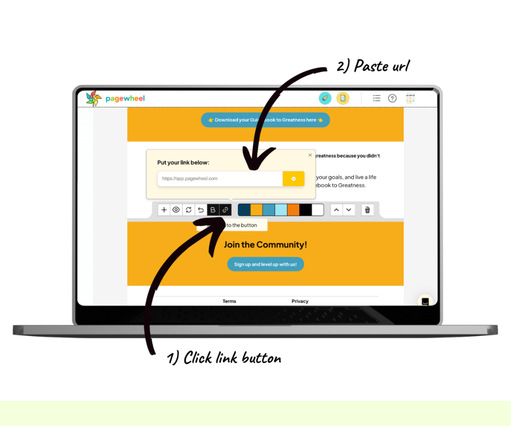 An annotated screenshot showing how to add a link to the button. 