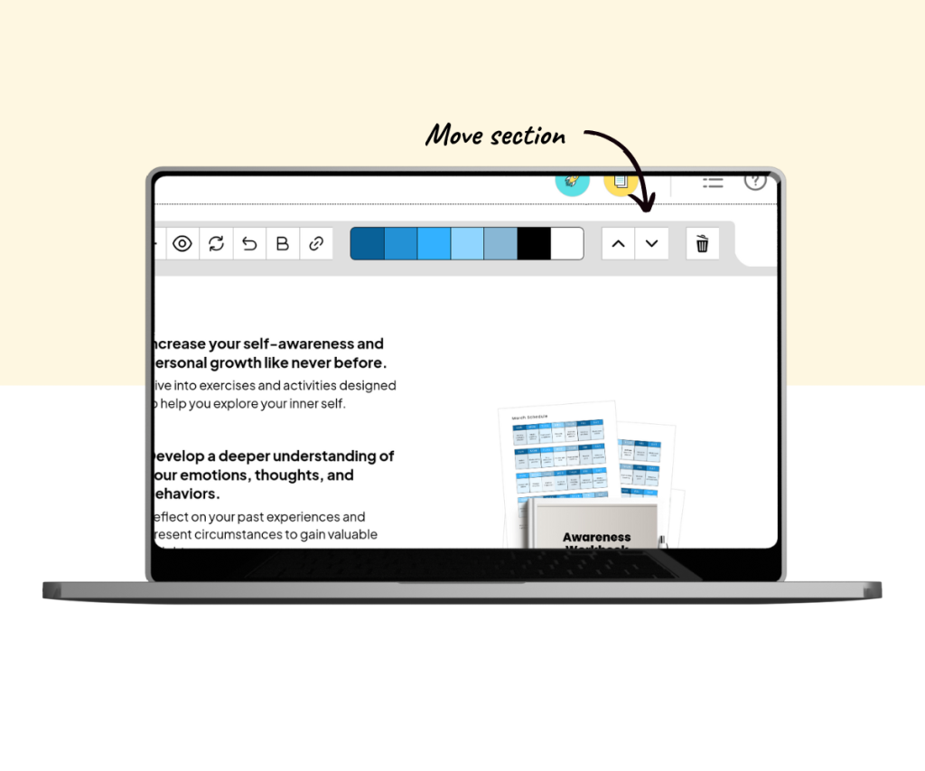 An annotated screenshot showing what to click to move sections up or down.