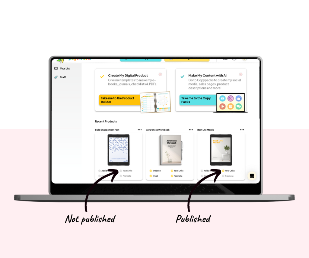 An annotated screenshot showing how to tell the difference between a published and unpublished product from the product listing.