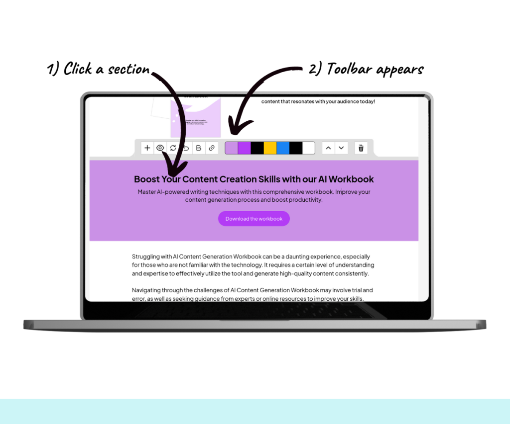 An annotated screenshot showing how to open the section editor toolbar.