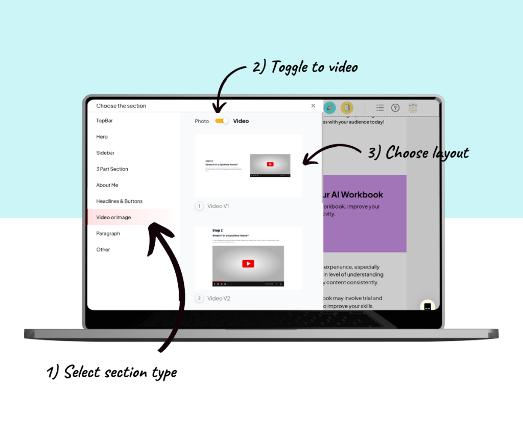 An annotated screenshot showing how to insert a video section layout.