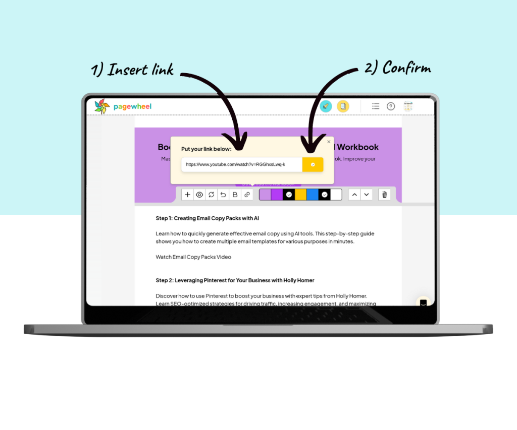 An annotated screenshot showing how to add the URL to a text-based link.