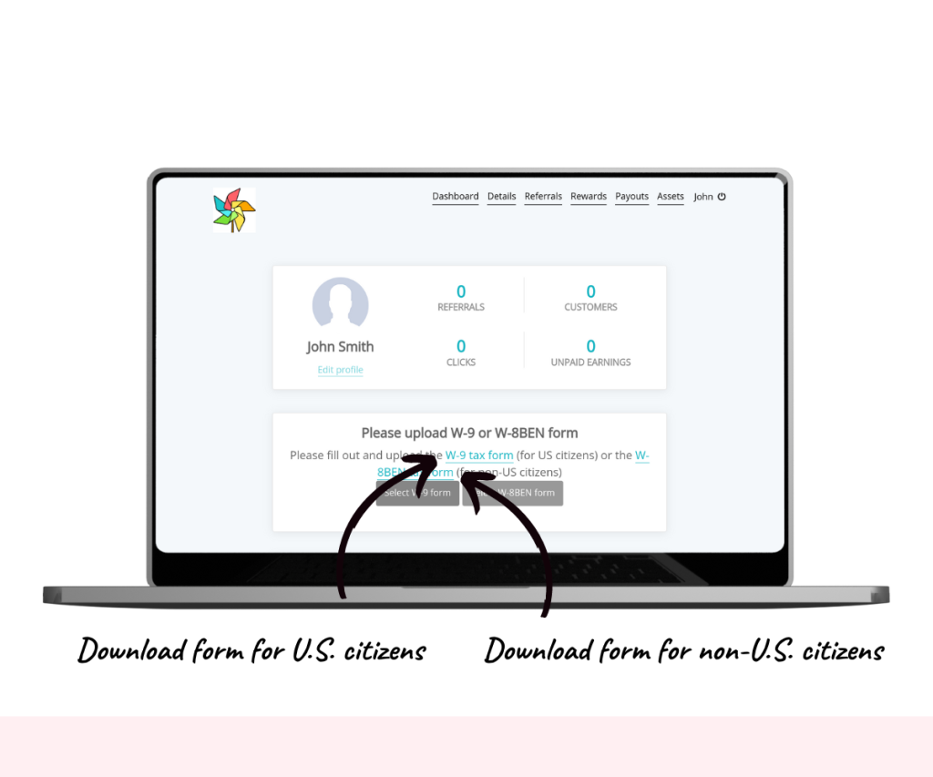 An annotated screenshot showing how to download the tax form.
