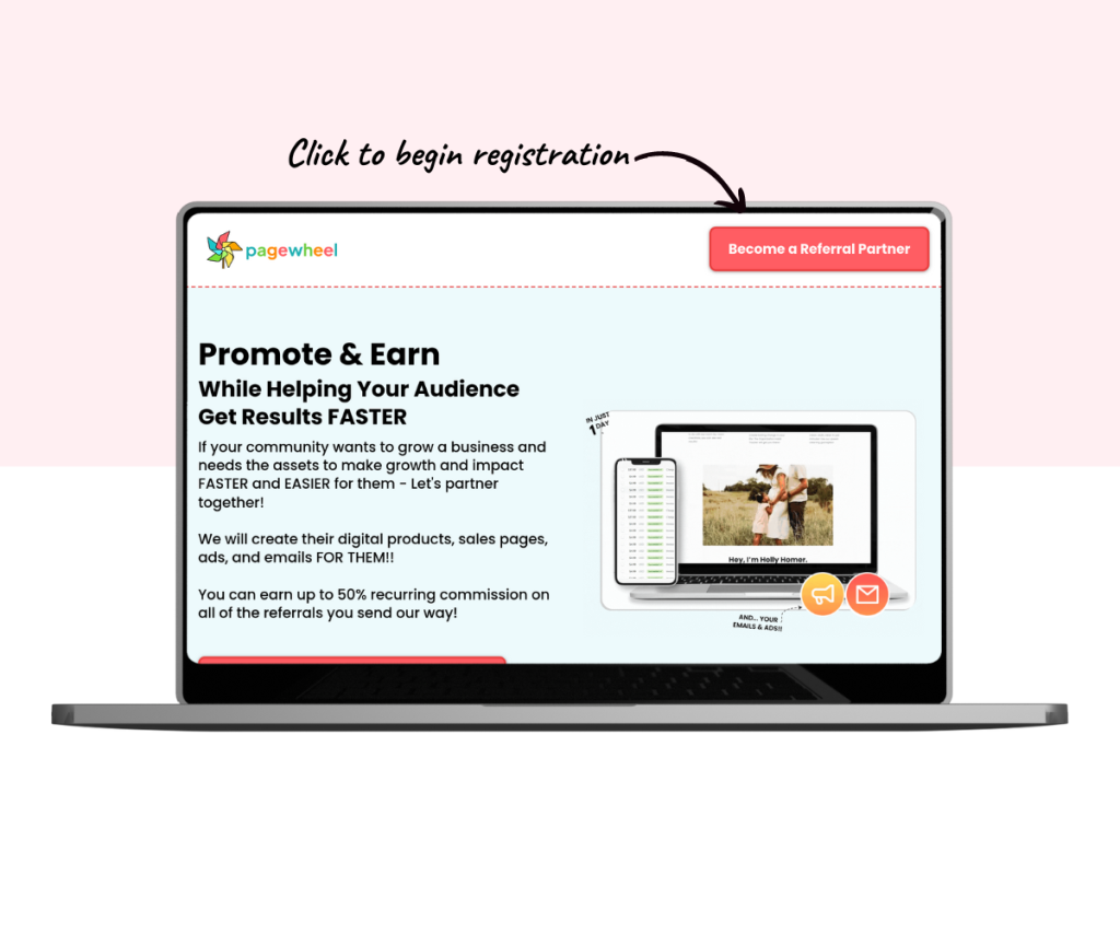 An annotated screenshot showing how to begin the affiliate registration.