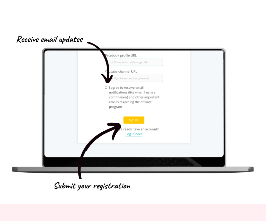 An annotated screenshot showing how to submit your affiliate registration form.