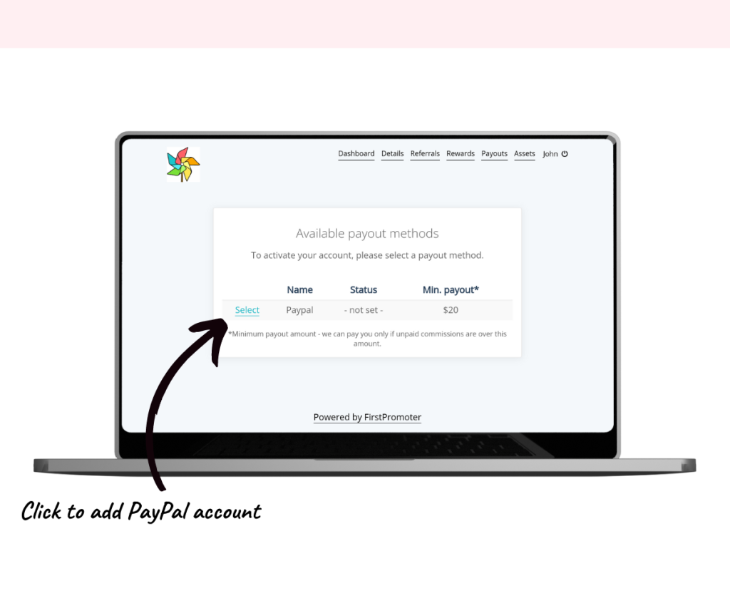 An annotated screenshot showing where to click to add a PayPal account.