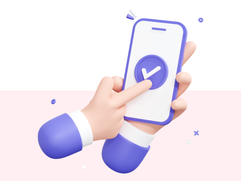 A person pointing to a checkmark on a cellphone screen.