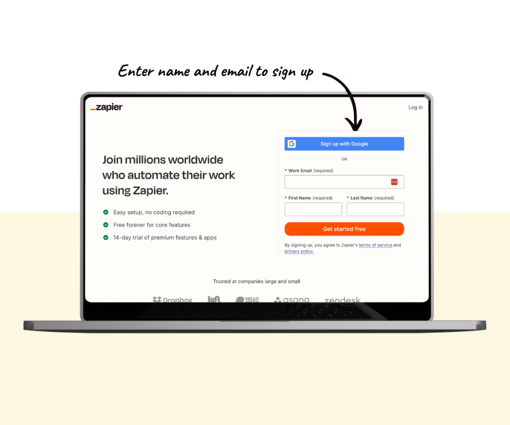 An annotated screenshot showing how to sign up for a Zapier account.