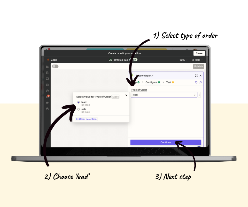 An annotated screenshot showing how to select the ‘lead’ order type.