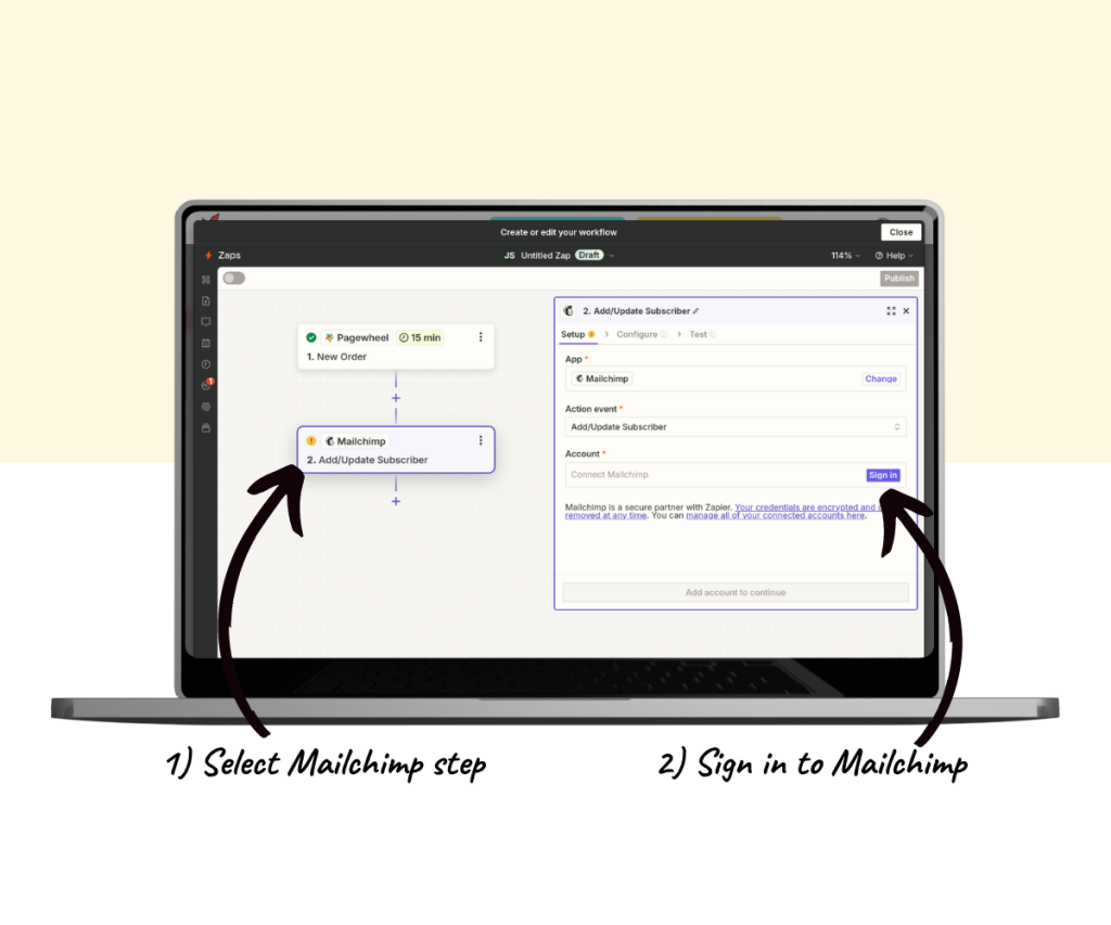 An annotated screenshot showing how to select the Mailchimp event and sign into your account.