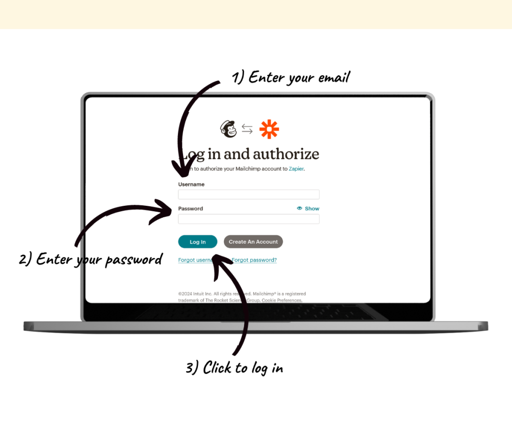 An annotated screenshot showing how to add login to Mailchimp.