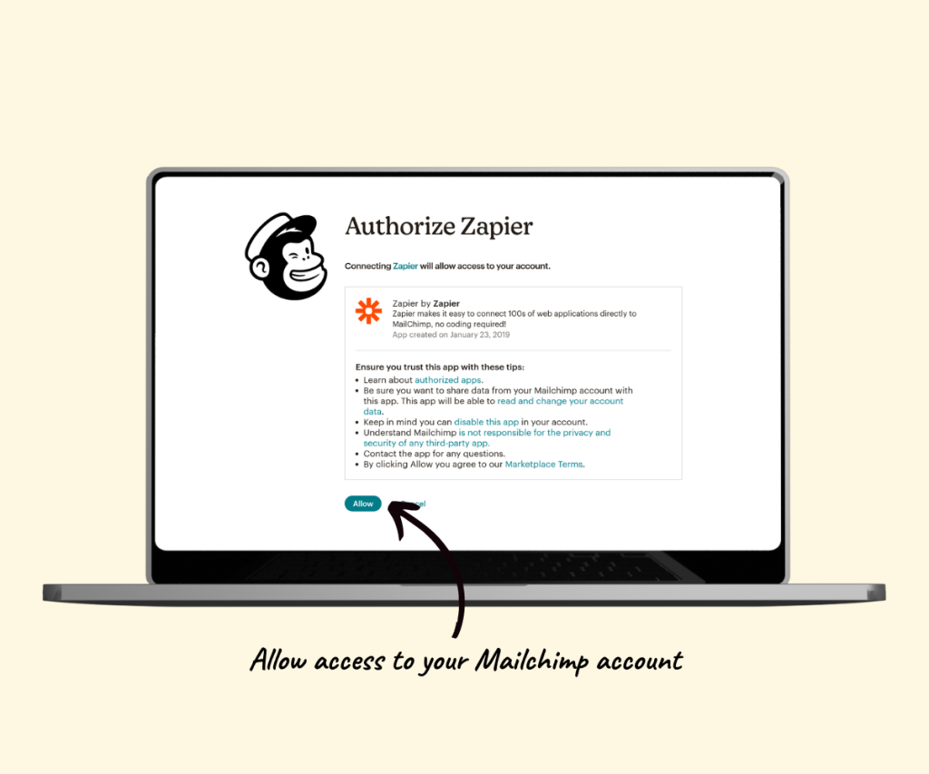 An annotated screenshot showing how to authorize the connection between Zapier and Mailchimp.