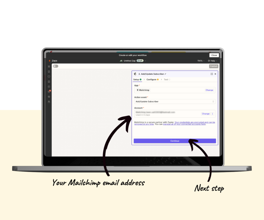 An annotated screenshot showing the results of connecting your Pagewheel account to Mailchimp.