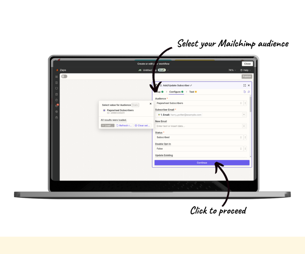 An annotated screenshot showing how to select your Mailchimp audience.