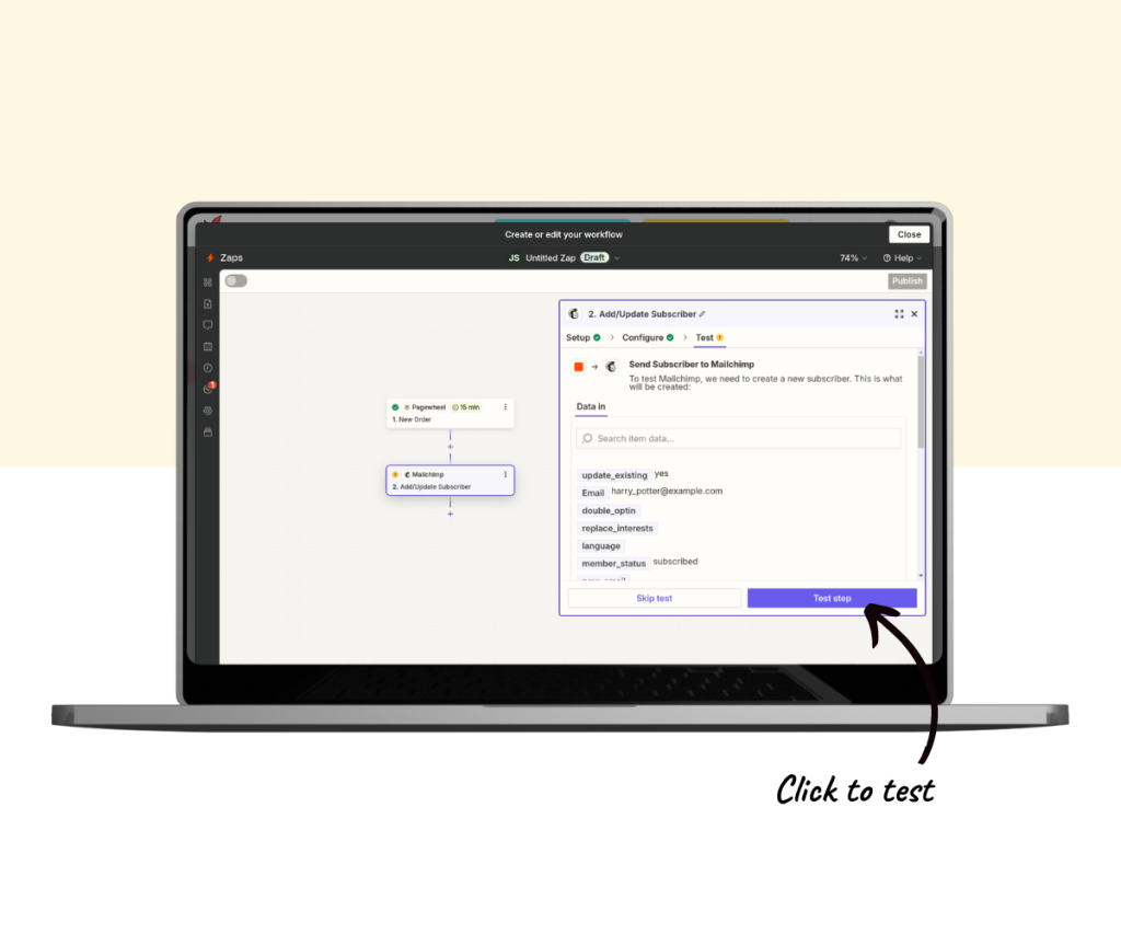 An annotated screenshot showing how to test the Mailchimp event.