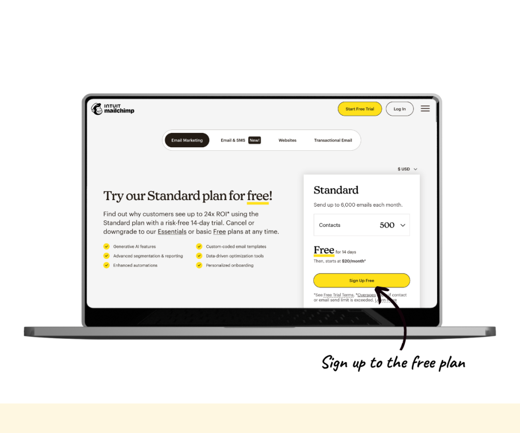 An annotated screenshot showing how to sign up for Mailchimp.