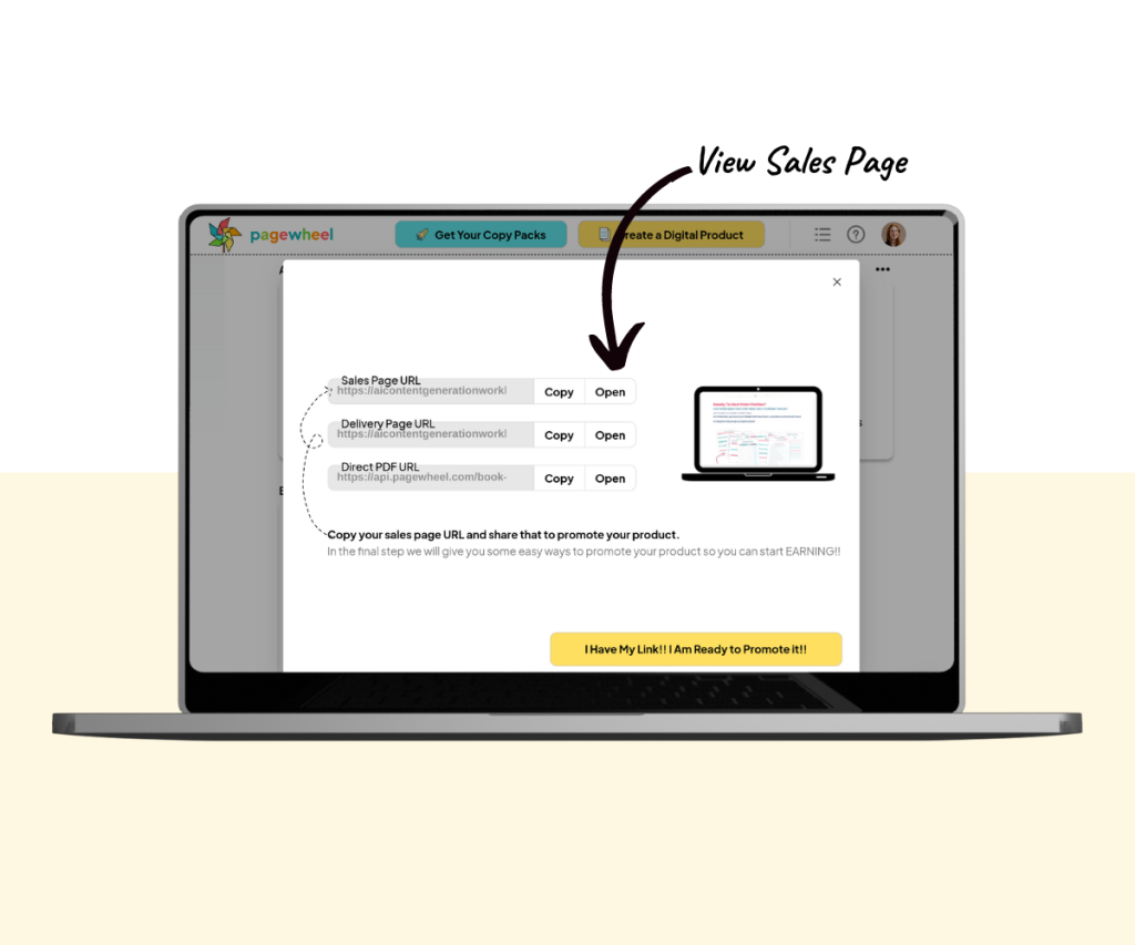 An annotated screenshot showing how to open the Sales Page of a product.