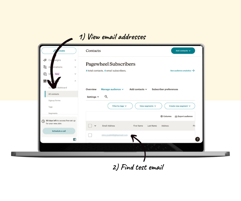 An annotated screenshot showing how to find the test email in your Mailchimp account.