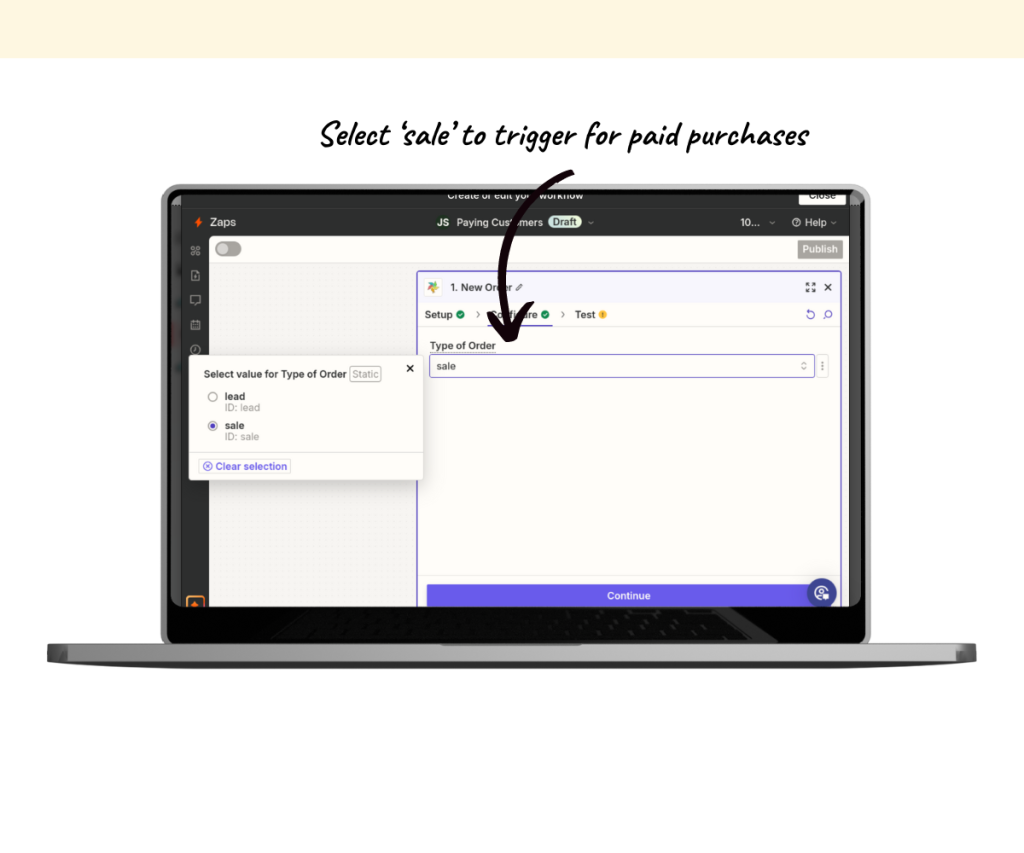 An annotated screenshot showing how to set up a workflow for paid purchases.