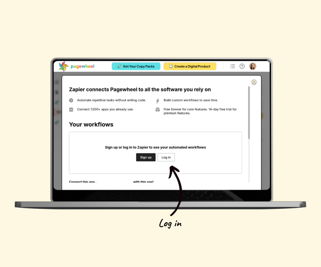 An annotated screenshot showing where to click to sign in to Zapier.
