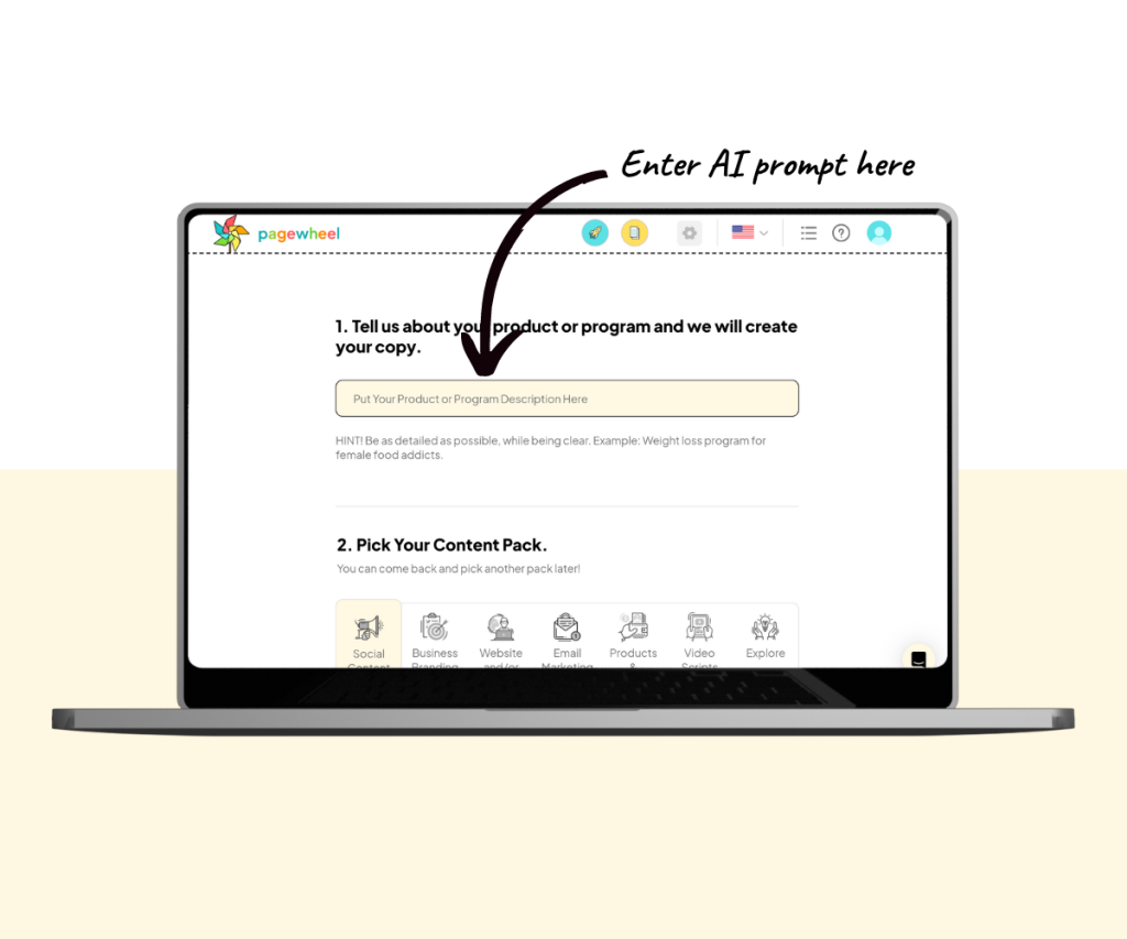 An annotated screenshot showing where to enter the AI prompt on the Copy Packs screen.