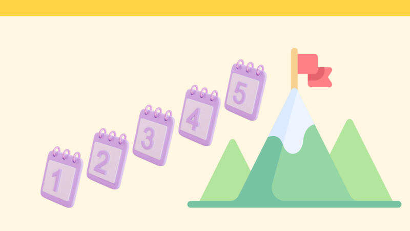 Calendar icons numbered one through 5 angling upward alongside a mountain with a flag at the peak, on a pale yellow background.