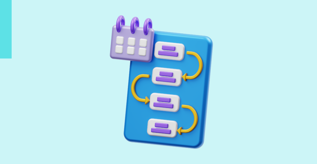 Graphic of a workflow icon overlayed by a small calendar icon on a blue background