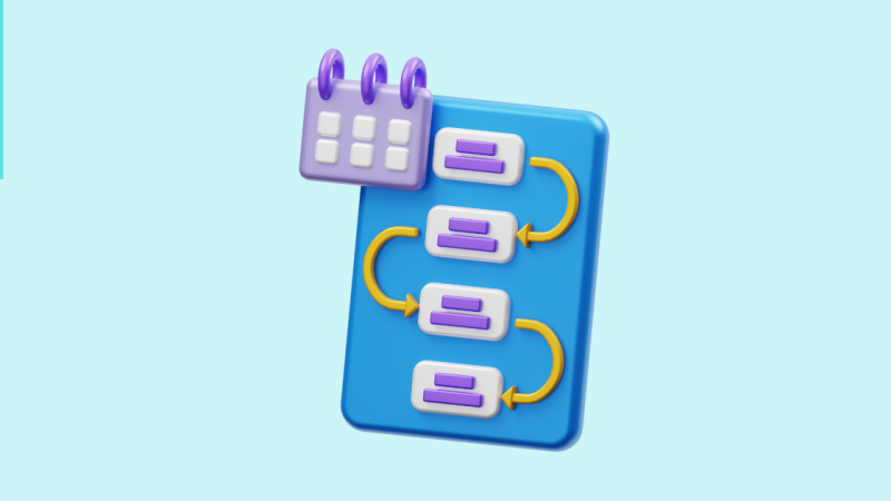 Graphic of a workflow icon overlayed by a small calendar icon on a blue background